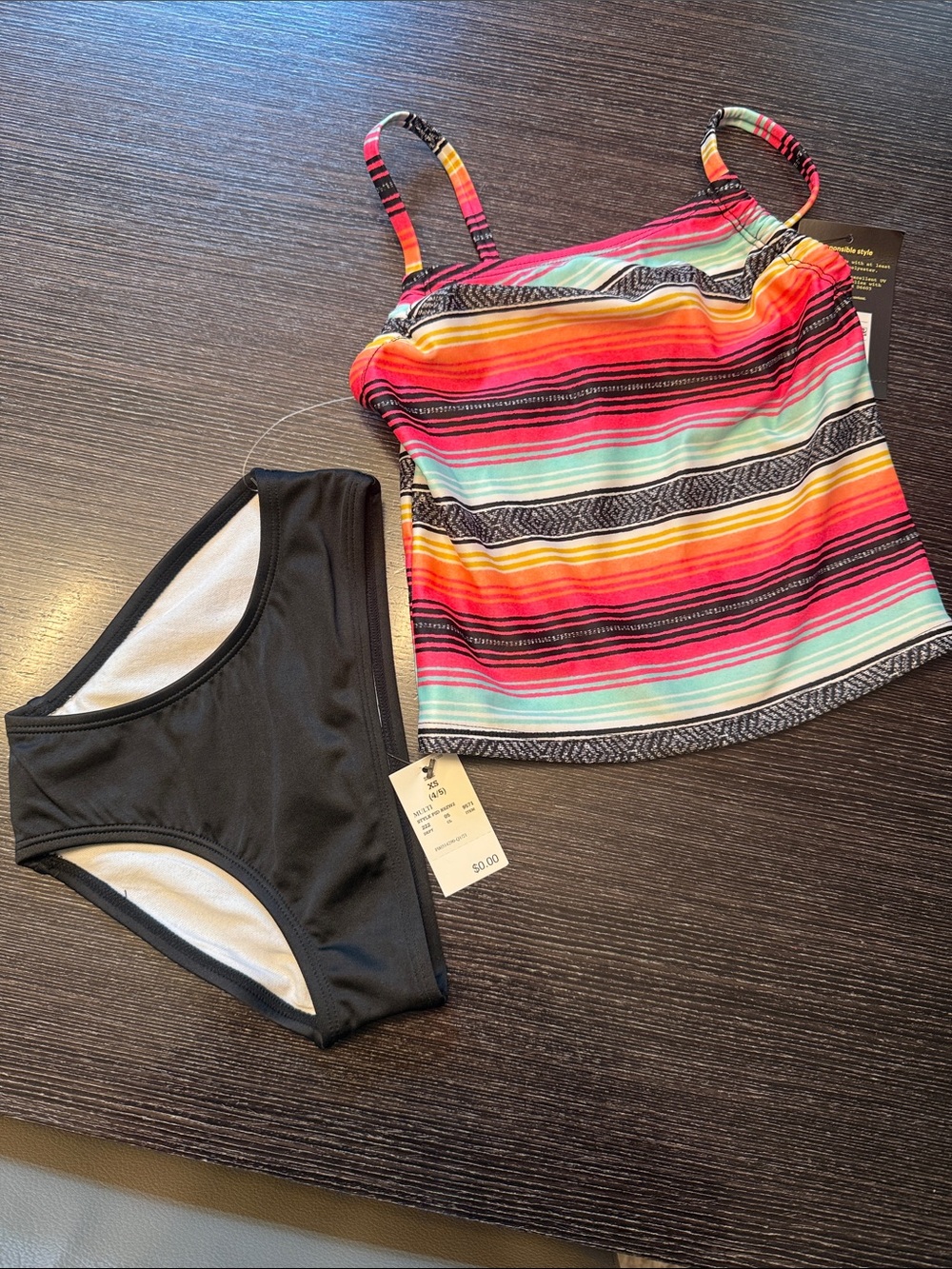 art class Girls' Multicolor Striped Tankini Top & Black Bikini Bottom
